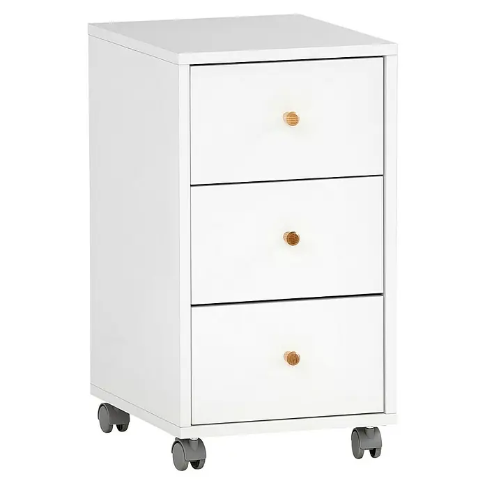Schildmeyer Rena Rollcontainer - L x B x H: 39,1 x 32,6 x 59,7 cm, Weiß, Anzahl Schubladen: 3 Stk. - Aufnahme eines weißen Rollcontainers mit drei Schubladen und runden Holzgriffen.