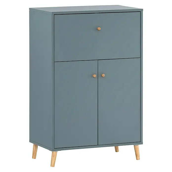 Schildmeyer Rena Sekretär - L x B x H: 39 x 65 x 102 cm, Fjord - Blauer Holzschrank mit zwei Türen und einer Schublade, abgerundet durch helle Holzfüße und Knöpfe. Ideal für stilvolle Aufbewahrung.