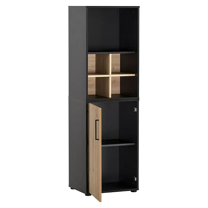 Schildmeyer Aino Holzregal - L x B x H: 50,95 x 41 x 83,6 cm, Anzahl Fächer: 2 Stk., Schwarz - Ein modernes graues Regal mit einem offenen Fach und einer Holztür mit schwarzem Griff. Das Regal bietet Stauraum und stilvolles Design.