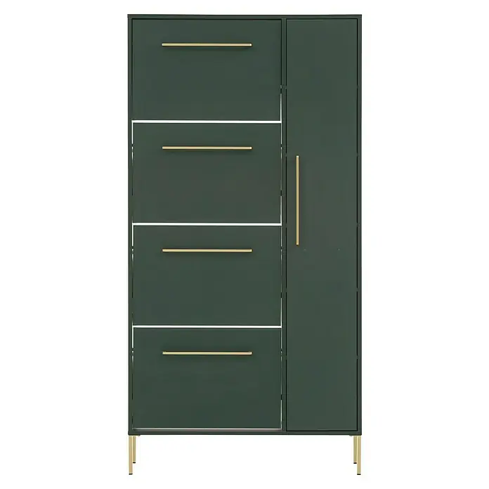 Schildmeyer Kent Schuhschrank - L x B x H: 30 x 88,4 x 174,2 cm, Waldgrün, Anzahl Fächer: 6 Stk. - Grüner Schrank mit goldenen Griffen. Das Möbelstück bietet Stauraum mit Schubladen und einer Tür. Ein eleganter und praktischer Schrank.