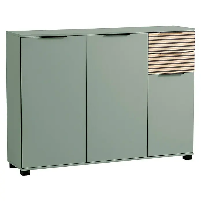 Schildmeyer Alexa Schuhschrank - L x B x H: 35 x 142 x 105,5 cm, Pistazie, Passend für: ca. 20 Paar Schuhe - Ein moderner, mintgrüner Schrank mit drei Türen und zwei Schubladen mit Holzlamellen-Design. Die Griffe sind schlicht in Schwarz gehalten.