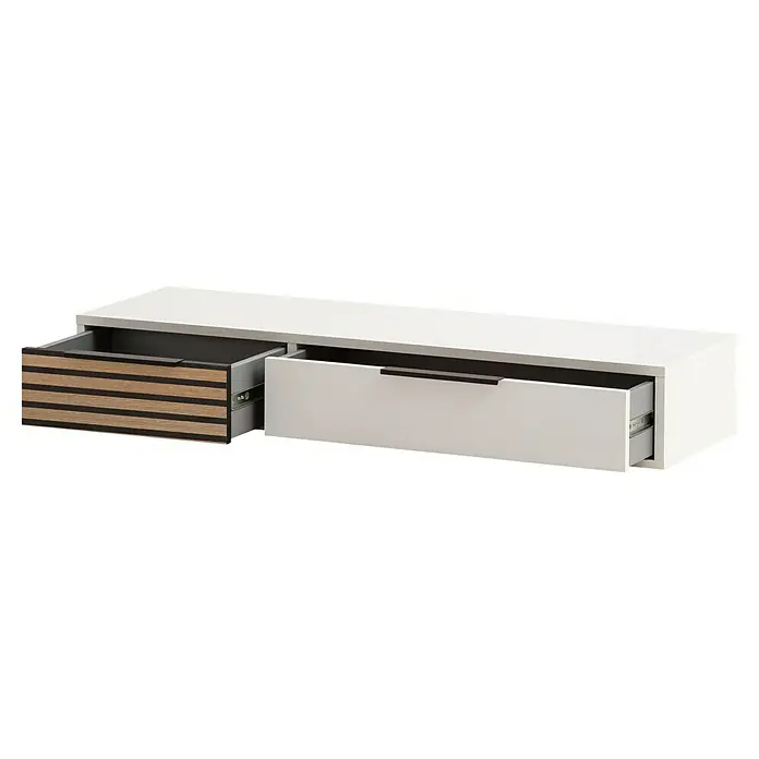 Schildmeyer Loft Konsolentisch - L x B x H: 32 x 103,5 x 16,5 cm, Weiß/Akustik-Dekor - Ein weißes Sideboard mit Schubladen, eine davon mit Holzfront. Das Sideboard bietet praktischen Stauraum und ein modernes Design.