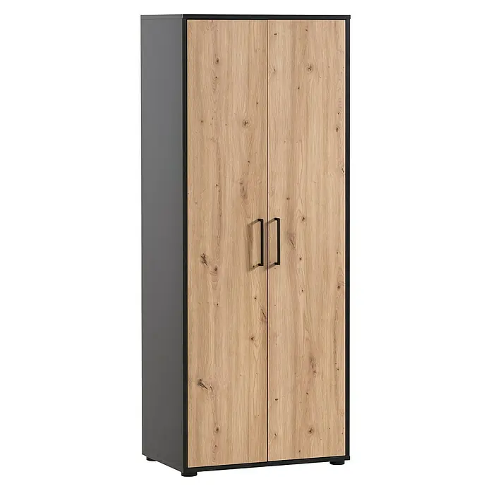 Schildmeyer Aino Schrank - L x B x H: 65,1 x 41 x 163,6 cm, Schwarz/Artisan Eiche - Ein geräumiger Kleiderschrank mit zwei Holztüren und schwarzen Griffen bietet viel Stauraum für Kleidung und Accessoires.