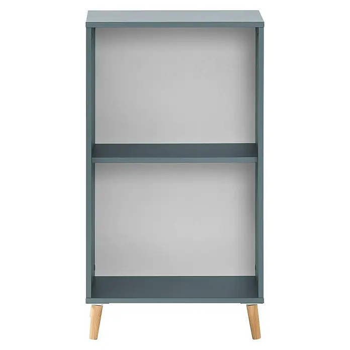 Schildmeyer Unterschrankregal - 41 x 51 x 92,6 cm, Fjord/Weiß, Anzahl Fächer: 2 Stk. - Nahaufnahme eines grauen Bücherregals mit zwei Fächern und Holzbeinen. Das Regal steht vor einem neutralen, hellgrauen Hintergrund.