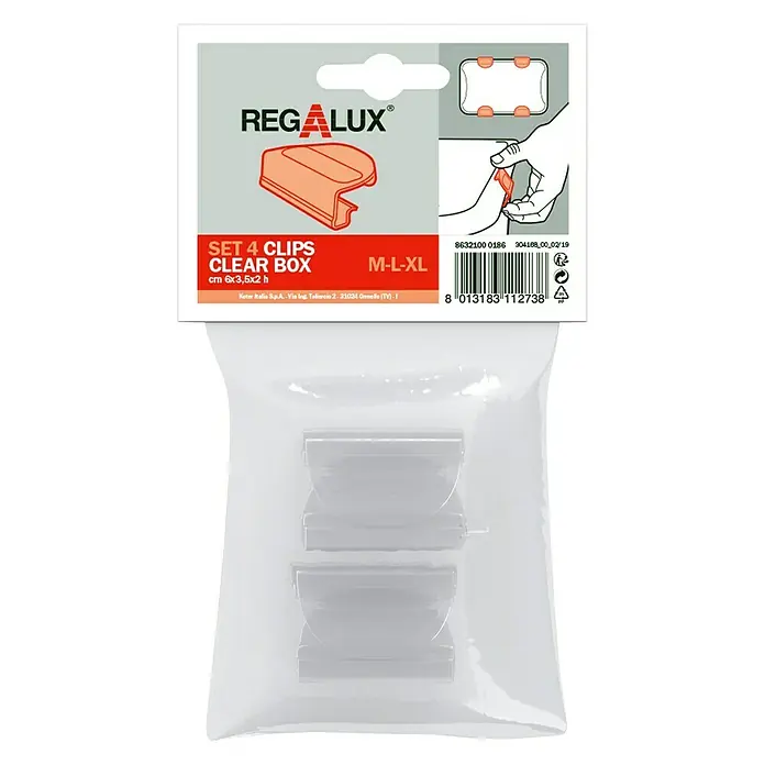 Regalux Clips - Passend für: Regalux Clear Boxen M - L - XL, 4 Stk. - Eine Packung Regalux Clips für durchsichtige Boxen, Set mit 4 Stück in den Größen M-L-XL. Ideal für die Organisation.