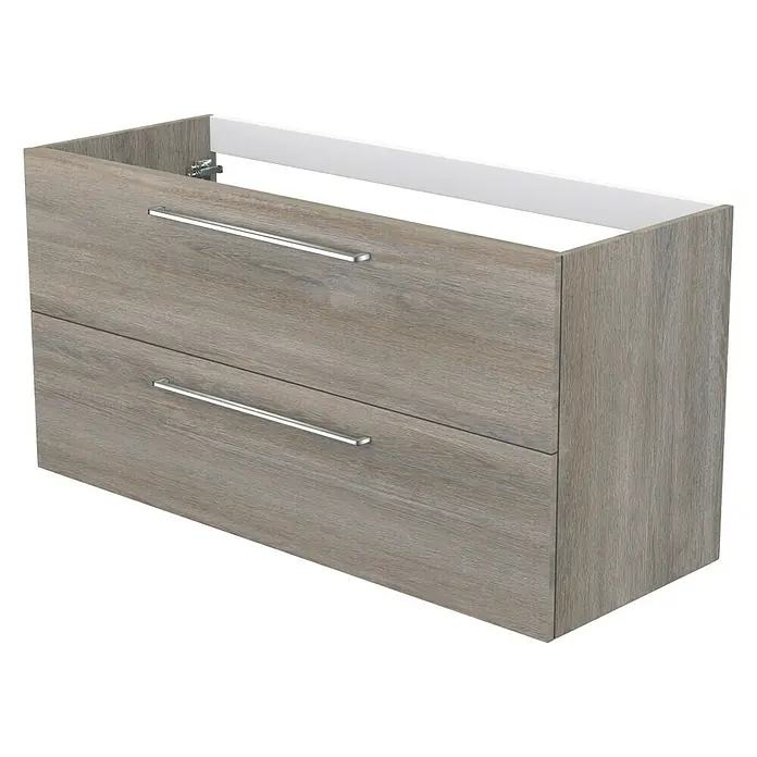 Camargue Espacio Waschtischunterschrank - 120 x 46 x 60 cm, 2 Schubkästen, Faro - Grauer Waschtischunterschrank mit zwei Schubladen und silbernen Griffen für ein modernes Badezimmerdesign.