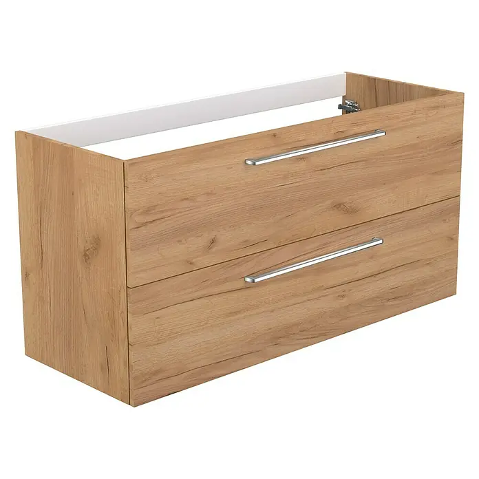 Camargue Espacio Waschtischunterschrank - 120 x 46 x 60 cm, 2 Schubkästen, Doce - Bild eines Badezimmerschranks mit zwei Schubladen in Holzoptik und silbernen Griffen, der eine elegante und funktionale Lösung für die Badezimmeraufbewahrung bietet.