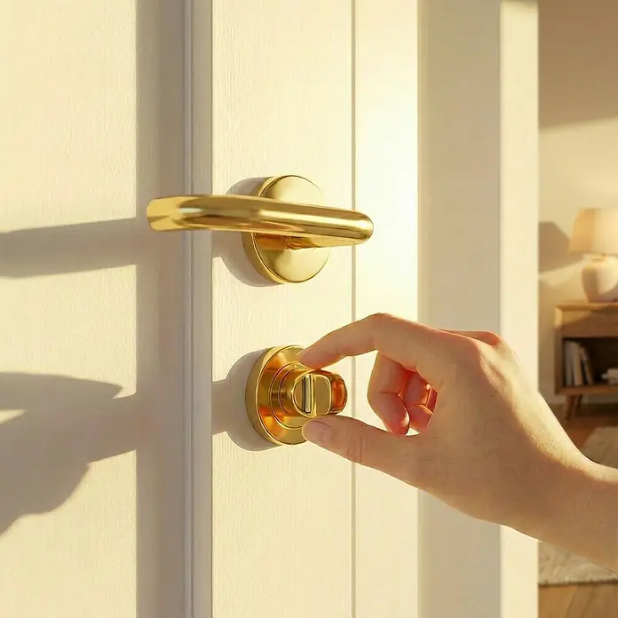 AYR Close Pestillo con bloqueo 103-50 CM - Latón, Grosor de la puerta: 45 mm, 2 pzs. - Una mano está cerrando un accesorio de puerta dorado. El accesorio de puerta moderno está montado en una puerta blanca.