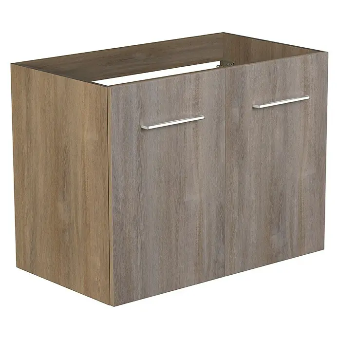 Camargue Espacio Waschtischunterschrank - 80 x 46 x 60 cm, 1 Einlegeboden, Faro - Ein Badezimmerschrank mit zwei Türen und Griffen. Das Holz hat eine helle und eine dunkle Farbe.