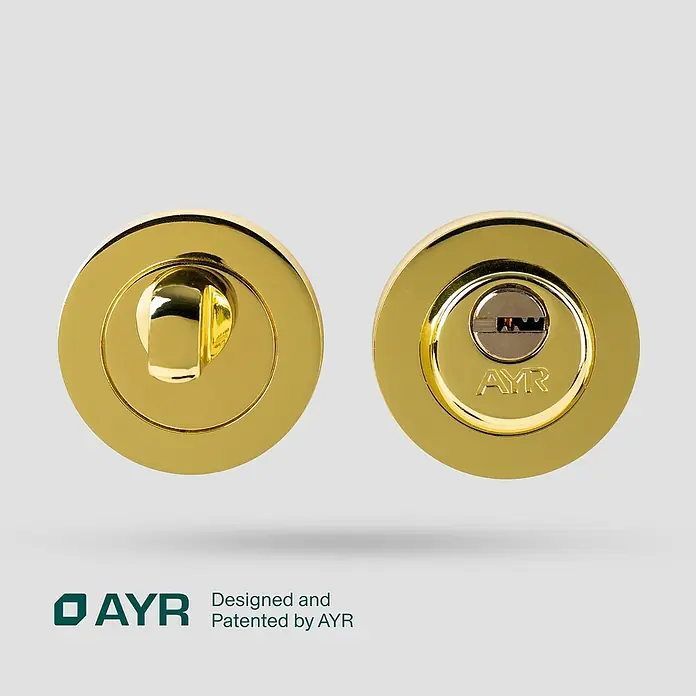 AYR Close Pestillo con bloqueo 103-50 CM - Latón, Grosor de la puerta: 45 mm, 2 pzs. - Juego de cerradura de puerta AYR en aspecto dorado, que consta de un pomo y una cerradura de llave, para mayor seguridad y diseño elegante.
