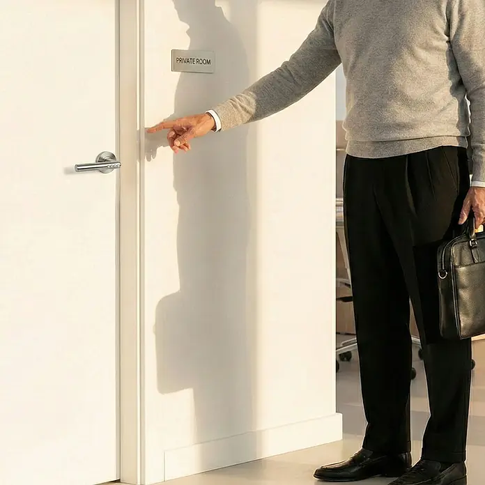 AYR Cerradura electrónica Smart Handle - Bluetooth, Smart Access, Acero, Níquel, Satinado - Un hombre vestido formalmente frente a una puerta con el letrero "Private Room", listo para entrar, con un maletín de cuero.