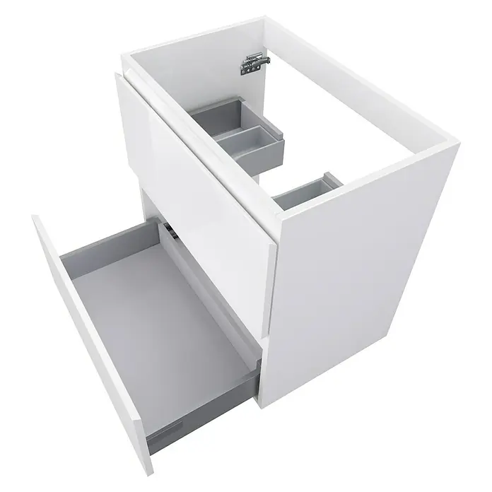 Camargue Espacio Waschtischunterschrank - 60 x 40 x 60 cm, 2 Schubkästen, Gama weiß glänzend - Weißer Badezimmerschrank mit offenen Schubladen und minimalistischem Design für moderne Badezimmer.