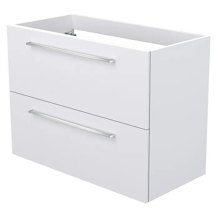 Camargue Espacio Waschtischunterschrank - 80 x 40 x 60 cm, 2 Schubkästen, Mira - Das Bild zeigt einen weißen Badezimmerschrank mit zwei Schubladen und eleganten silbernen Griffen, ideal für moderne Badezimmerdesigns.