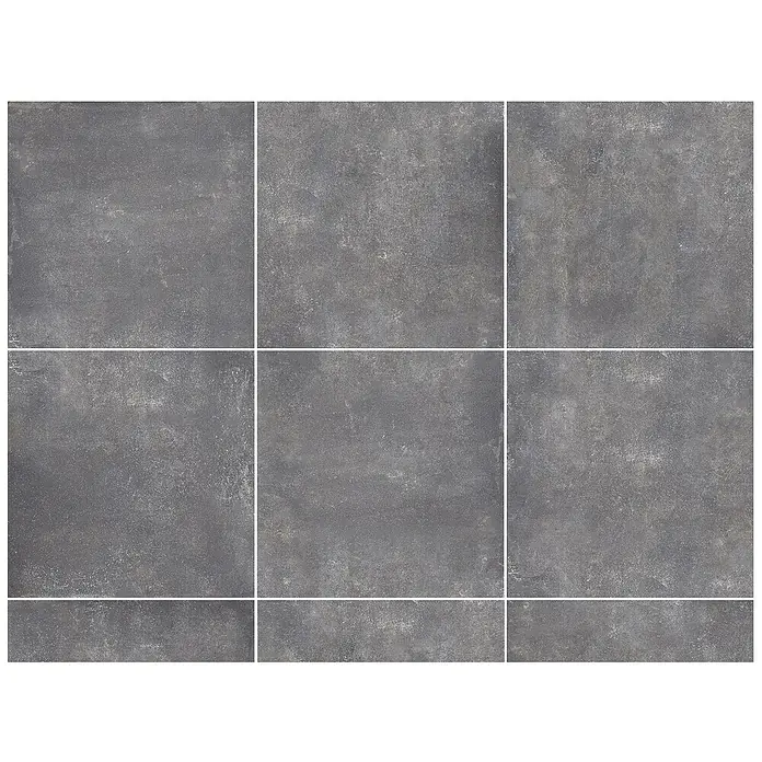 Feinsteinzeugfliese Savanna - 79,7 x 79,7 cm, Anthrazit, Matt - Graue Steinzeugfliesen mit einer matten Oberfläche und weißen Fugenlinien, ideal für moderne Innenräume.