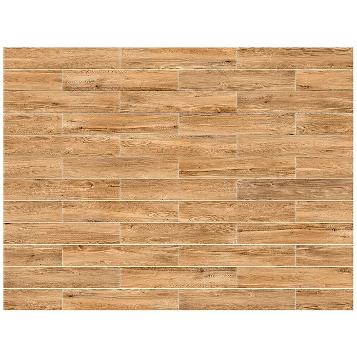 Steingutfliese Mini York - 60 x 11 cm, Honey, Matt - Abbildung eines verlegten Parkettbodens. Das Muster besteht aus hellbraunen Holzdielen, die im versetzten Verband angeordnet sind.