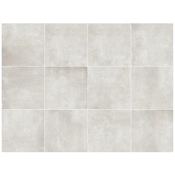 Feinsteinzeugfliese Savanna - 59,7 x 59,7 cm, Gris, Matt - Nahaufnahme von hellgrauen, quadratischen Fliesen, die ein modernes, minimalistisches Muster für Badezimmer oder Küchenböden bilden.