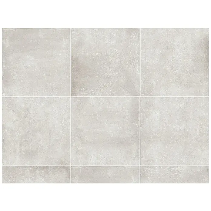 Feinsteinzeugfliese Savanna - 79,7 x 79,7 cm, Gris, Matt - Detailaufnahme von hellgrauen Keramikfliesen, die ein einheitliches, modernes Muster für Boden- oder Wandbeläge bilden.