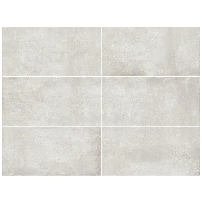 Feinsteinzeugfliese Savanna - 59,7 x 119,7 cm, Gris, Matt - Sechs beigefarbene Bodenfliesen mit matter Oberfläche sind in einem eleganten Verlegemuster angeordnet und schaffen ein modernes Ambiente.