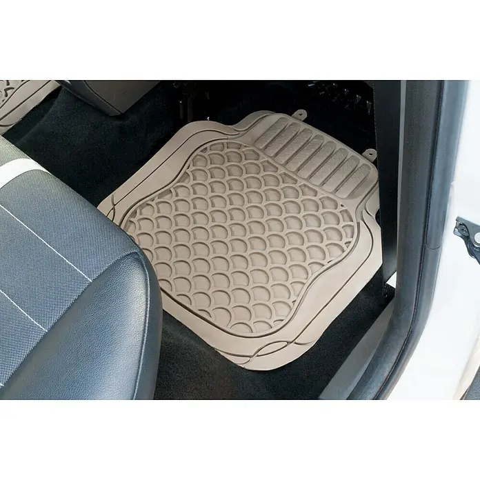 Goodyear Juego de alfombrillas para coche - 4 pzs., Beige - Aquí tienes una alfombrilla de coche beige con un interesante patrón de semicírculos repetidos, para el reposapiés del lado del conductor.