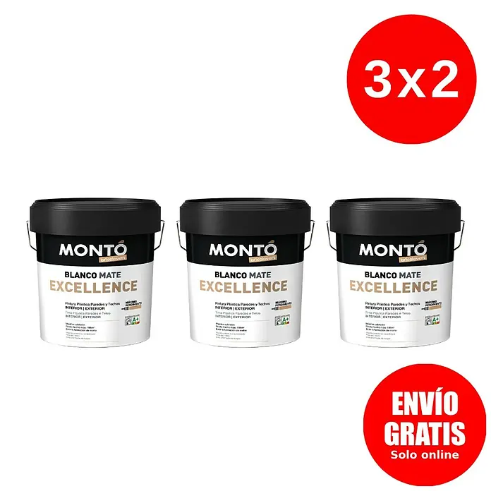 Montó Bricolovers Pintura para paredes y techos Excellence 3x2 - Blanco, Mate, 15 l - Tres cubetas de pintura para paredes y techos Monto "Blanco Mate Excellence" con ofertas "3x2" y "Envío Gratuito".