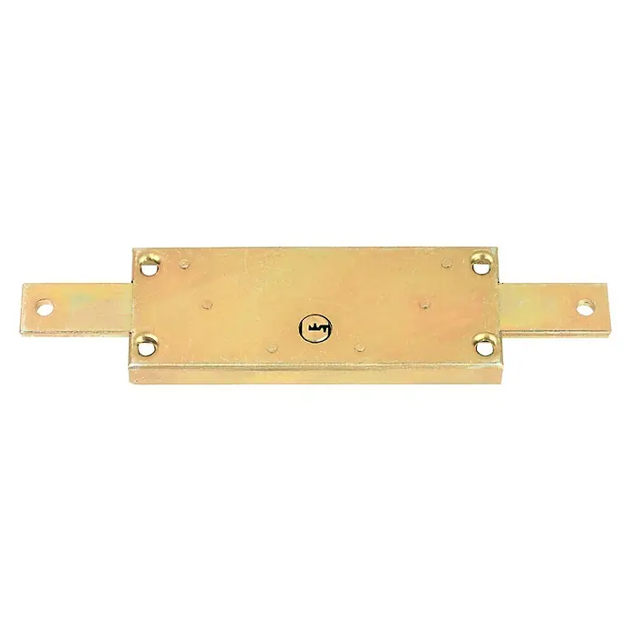 Lince Cerradura para persianas 8511 - L x An x Al: 168 x 59 x 5 mm, Acero, Apto para: Puertas metálicas enrollables - Un objeto metálico rectangular amarillo con agujeros y dos barras metálicas extensibles sobre un fondo negro.
