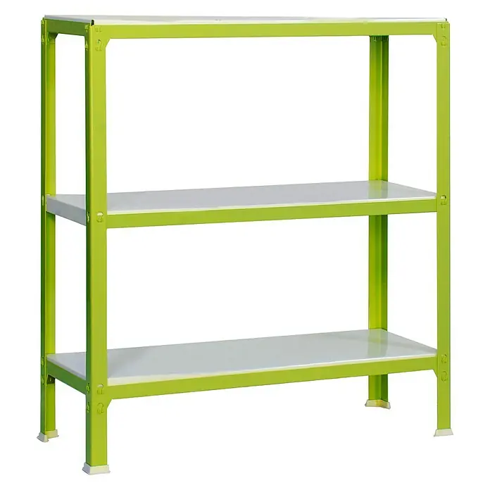 Simonrack Simonhome Metallregal Click Metall Mini - H x B x T: 90 x 80 x 40 cm, Traglast pro Boden: 150 kg, Anzahl Böden: 3 Stk., Stecken, Grün/Weiß - Ein grünes Regal mit drei grauen Einlegeböden. Das Regal ist stabil und bietet viel Stauraum.