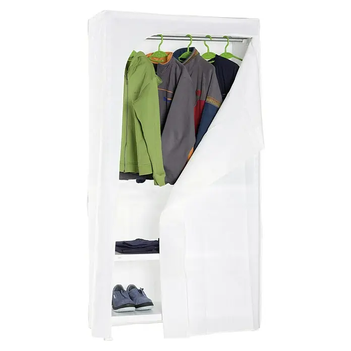 Simonrack Simonclick Estantería metálica Click & Keep - Al x An x Pr: 180 x 90 x 50 cm, Número de baldas: 3 ud., Inserción, Blanco - Un armario blanco con perchas verdes y diversos artículos de ropa. También hay zapatos y pantalones en los estantes.