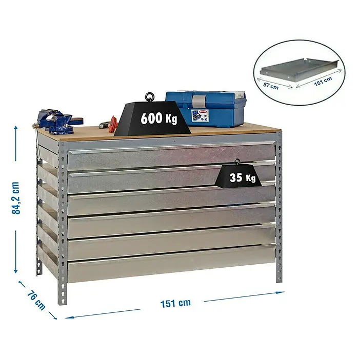 Simonrack Simonwork Banco de trabajo BT5 Box - L x An: 76 x 151 cm, Altura de trabajo: 84,2 cm, Carga soportada: 810 kg, Gris - Banco de trabajo con cajones e indicaciones de peso, ideal para tareas de taller. Diseño robusto para alta capacidad de carga.