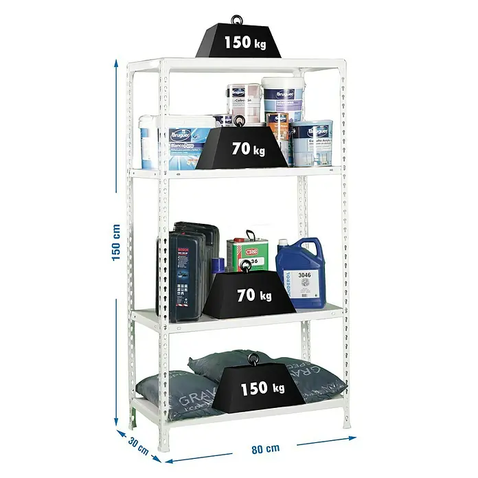 Simonrack Simonclick Metallregal Ecoclick Mini - H x B x T: 150 x 80 x 30 cm, Traglast pro Boden: 70 kg, Anzahl Böden: 4 Stk., Stecken, Weiß - Abgebildete ist ein beladenes, weisses Metallregal mit vier Ebenen, das mit Gewichten und verschiedenen Farbdosen und Kanistern beladen ist.