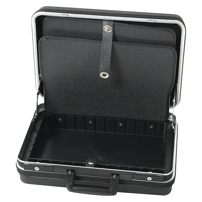 Hepco & Becker Werkzeugkoffer Classic 5110 - L x B: 370 x 490 mm, Höhe: 160 mm, ABS Pro - Offener schwarzer Aktenkoffer mit silbernen Akzenten, der Funktionalität und professionelles Design vereint. Ideal für Geschäft und Reisen.