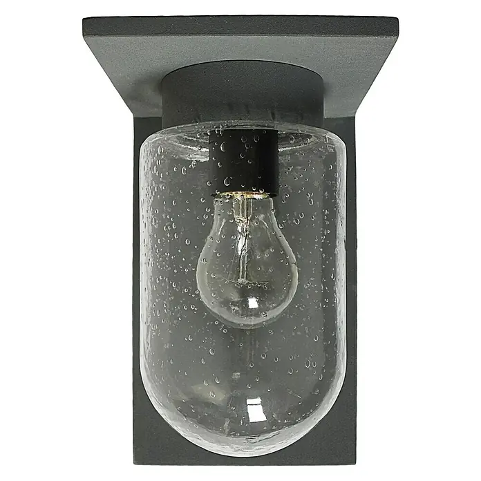 Starlux Außenwandleuchte Elua - 40 W, 19 x 14 x 23 cm, Dunkelgrau, IP44 - Nahaufnahme einer modernen Außenleuchte mit transparentem Glas, die ein warmes, einladendes Licht ausstrahlt.