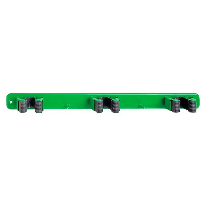 Inofix Colgador para herramientas 3038 - L x An x Al: 37 x 32 x 46 cm, Acero, Verde - Un soporte de pared verde con cinco pinzas de resorte para sujetar herramientas o artículos de limpieza.