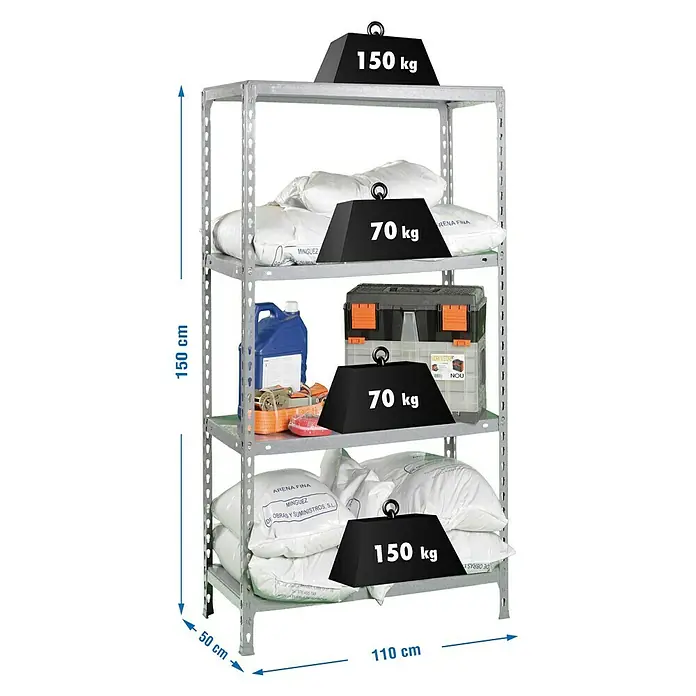 Simonrack Simonclick Estantería metálica Ecoclick Superplus - Al x An x Pr: 150 x 110 x 50 cm, Capacidad de carga por balda: 70 kg, Número de baldas: 4 ud., Inserción, Galvanizado - Imagen de una estantería de alta resistencia con una altura total de 150 cm, un ancho de 110 cm y una profundidad de 50 cm, cargada con pesos.