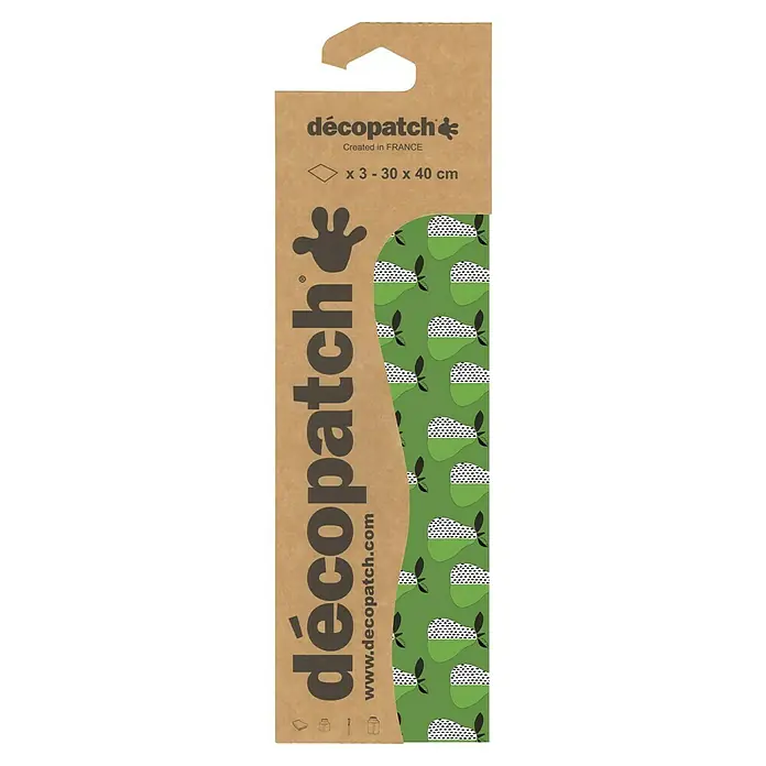 Décopatch Papel decorativo Peras - Verde, 3 ud., 40 x 30 cm - El papel Décopatch presenta un diseño de peras verdes estilizadas, adornadas con puntos negros y hojas, perfecto para manualidades.