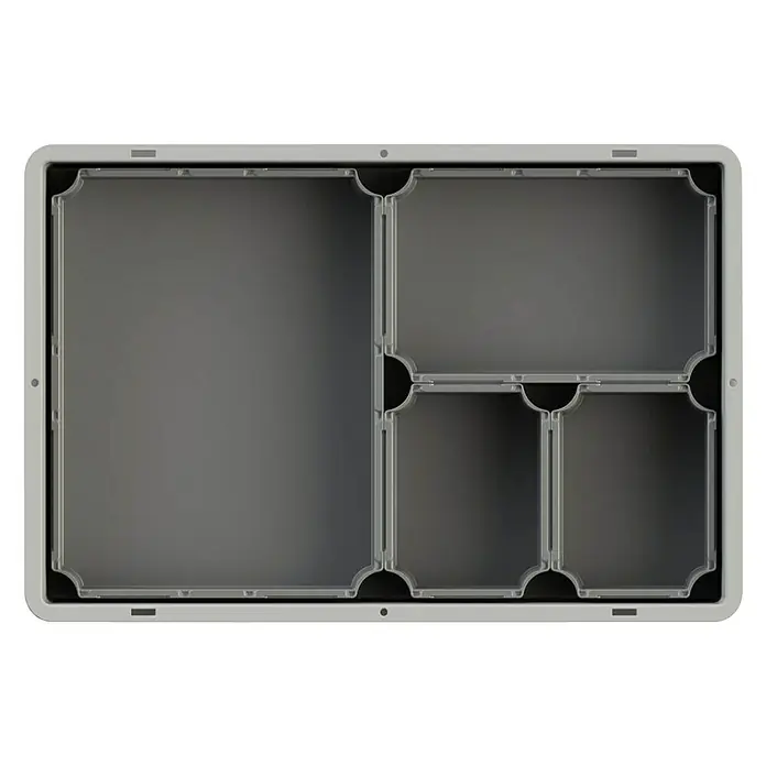 Surplus Systems Boxen-Einsatz 1/4 gekreuzt - Passend für: Surplus Systems Euronormboxen, L x B x H: 22,7 x 17,9 x 8,8 cm, Grau - Graue Schubladen-Einteilung mit vier Fächern für eine ordentliche Aufbewahrung von Utensilien und Gegenständen im Haushalt.