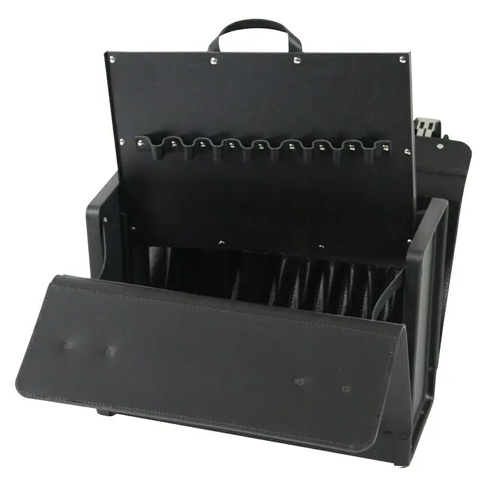 Hepco & Becker Werkzeugtasche Favorit 9116 - Innenmaß: B x T x H: 400 x 180 x 310 mm, Leder - Schwarzer Friseurkoffer mit geöffnetem Deckel und Fächern, ideal zur Aufbewahrung und zum Transport von Friseurzubehör.