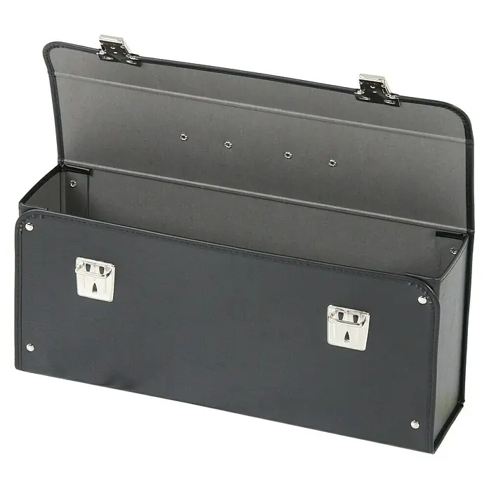 Hepco & Becker Werkzeugtasche Favorit 6001 - Hartpappe, Innenmaß: B x T x H: 420 x 95 x 180 mm - Geöffnete schwarze Dokumentenmappe mit silbernen Verschlüssen, ideal zur Organisation von Unterlagen.