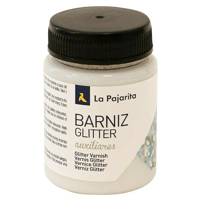 La Pajarita Barniz Glitter - 75 ml, Brillante - Primer plano de una lata de barniz de purpurina La Pajarita, ideal para proyectos creativos y manualidades.