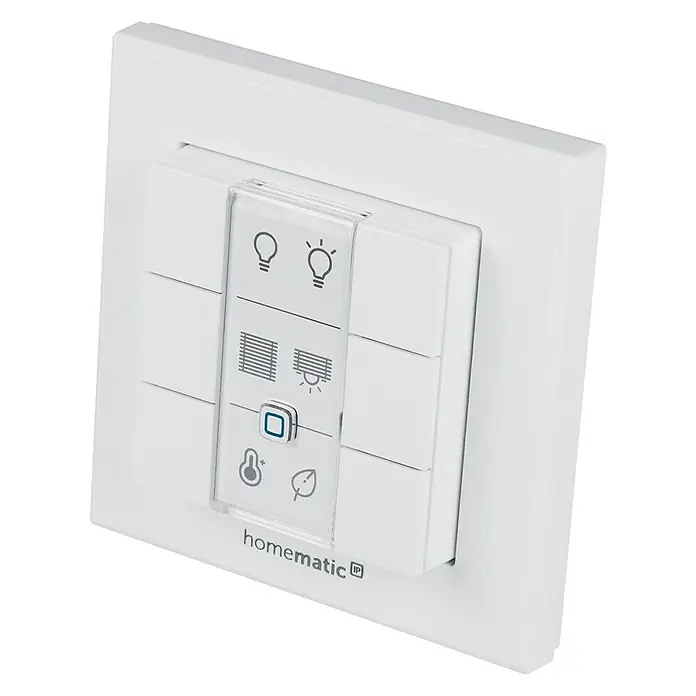 Homematic IP Funk-Wandtaster HmIP-WRC6 - Batteriebetrieben, Weiß, 22 x 86 x 86 mm - Nahaufnahme eines Homematic IP Wandschalters zur Steuerung von Licht, Jalousien und Raumklima für ein smartes Zuhause.