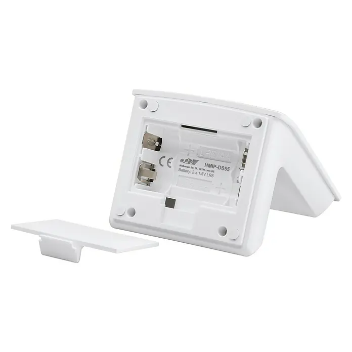 Homematic IP Halterung Tischaufsteller HmIP-DS55 - Batteriebetrieben, 7,9 x 9 x 6,7 cm, Weiß - Nahaufnahme eines HMIP-DS55 Geräts mit offenem Batteriefach, das für zwei LR6/AA Batterien ausgelegt ist.
