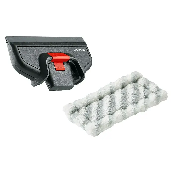 Bosch Reinigungs-Set - Passend für: Bosch Fenstersauger GlassVac, 3 -tlg. - Das Bild zeigt den GlassVAC Fenstersaugeraufsatz mit rotem Verschluss und ein graues, rechteckiges Mikrofaserpad für streifenfreie Reinigung.