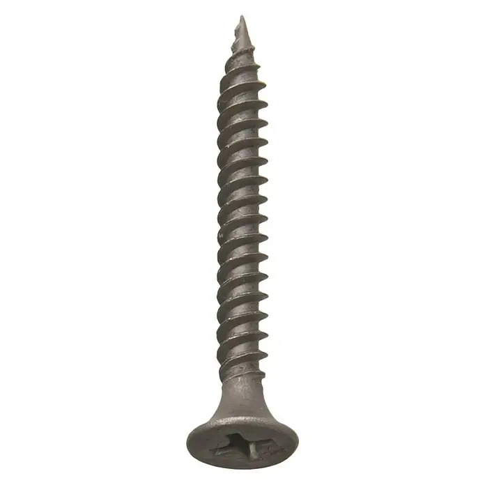Berg Tecmix Magazinschrauben TBS Feingewinde - Maße Schrauben: 3,9 x 25 mm, 1.000 Stk. - Nahaufnahme einer einzelnen, schwarzen Trockenbauschraube mit Kreuzschlitzkopf vor einem neutralen Hintergrund.