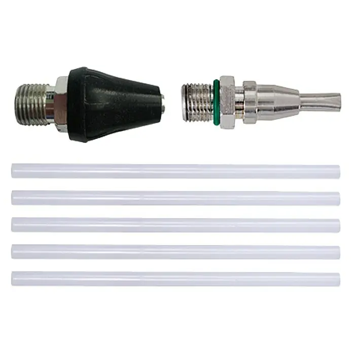 Einhell Power X-Change 18V Akku-Heißklebepistole TE-CG 18 Li-Solo - 18 V, Ohne Akku, Durchmesser Klebepatrone: 11 mm - Düse mit Zubehör. Dieses Set beinhaltet eine Düse und die passenden Zubehörteile für die Reinigung oder Anwendung in verschiedenen Bereichen.