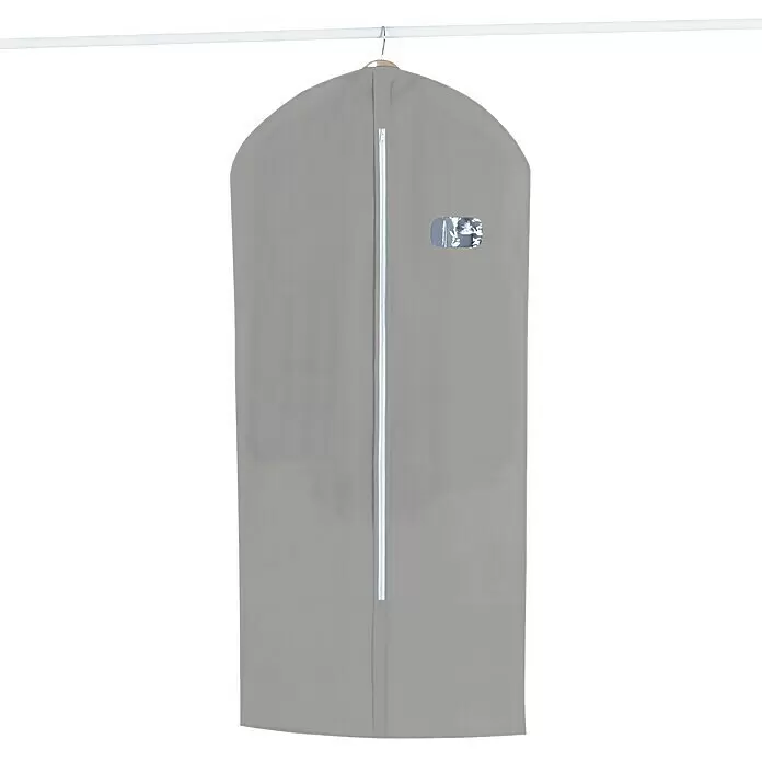 Jocca Saco para la ropa - Gris - Funda portatrajes gris con cremallera blanca y ventana transparente, colgada de una percha de metal.