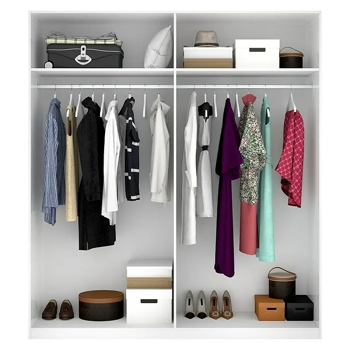 Dekit Armario para ropa Essen - L x An x Al: 52 x 180 x 204 cm, Blanco - Un armario espacioso en blanco con una variedad de ropa, zapatos y cajas de almacenamiento. Perfecto para la organización.