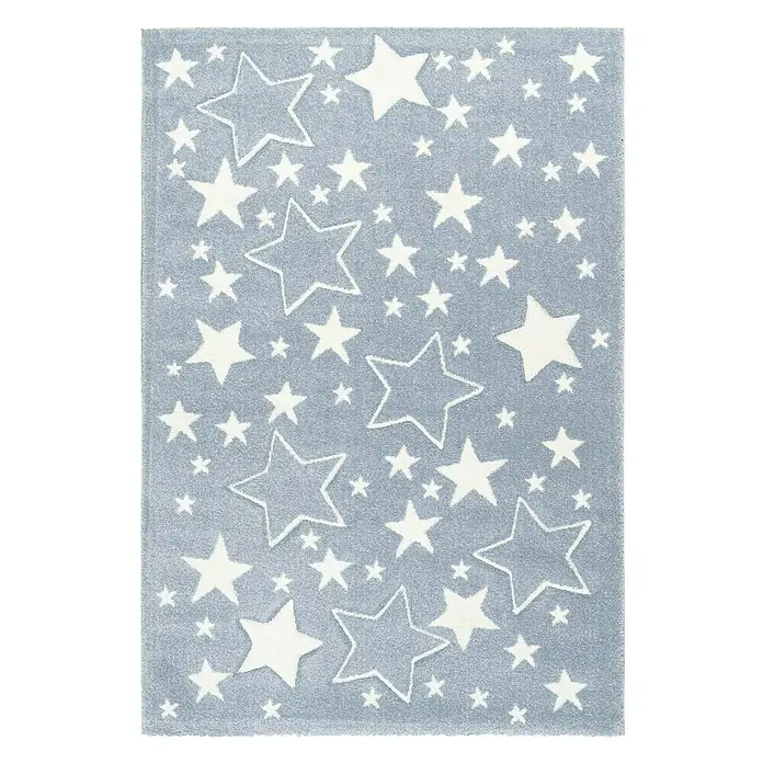 Kayoom Kinderteppich Sterne - Blau, 150 x 80 cm, 100 % Polypropylen - Blauer Teppich mit einem Sternenmuster. Die Sterne sind entweder weiß gefüllt oder nur als Umrisse auf dem Teppich abgebildet.