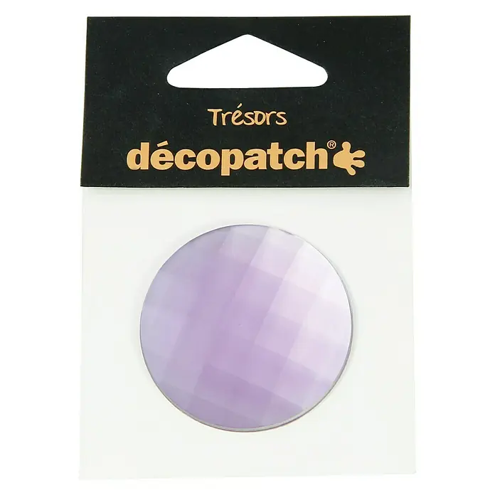 Décopatch Pieza decorativa Trésors Cercle - 4,5 x 2 cm - Primer plano de un círculo decorativo Decopatch púrpura en una tarjeta con el logotipo de Decopatch, perfecto para manualidades y adornos.