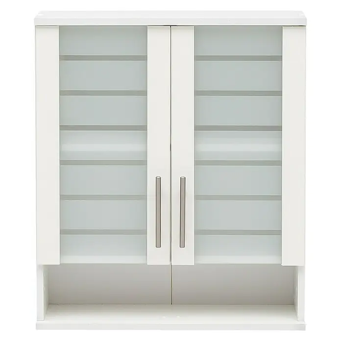 Schildmeyer Niko Oberschrank - 60 x 20,5 x 70 cm, Perlweiß - Ein weißer Badezimmerschrank mit zwei satinierten Glastüren und Griffen aus gebürstetem Stahl bietet stilvollen Stauraum für jedes Badezimmer.