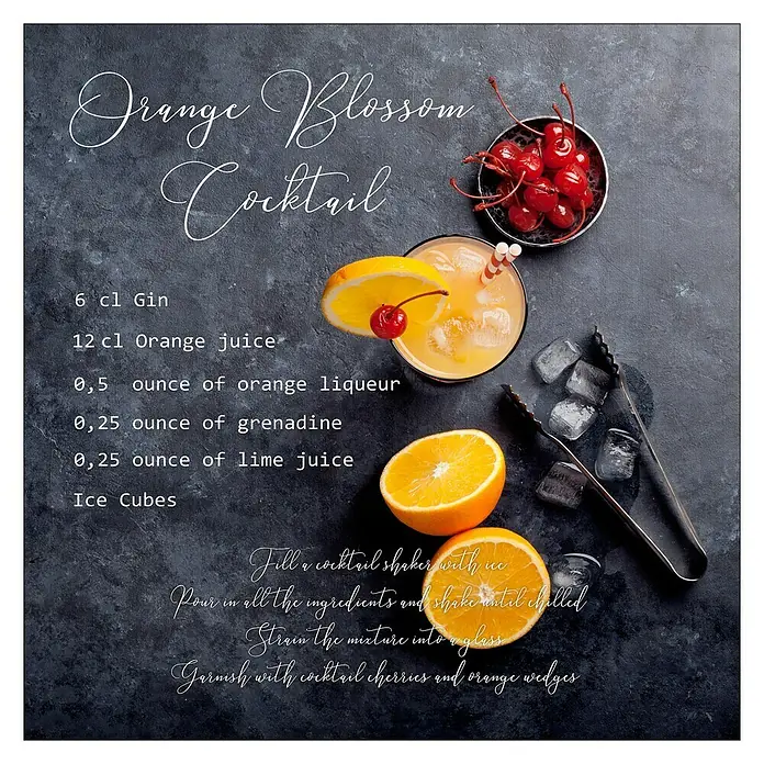 ProArt Glasbild - Orange, B x H: 20 x 20 cm - Bild eines Orange Blossom Cocktails mit Zutaten wie Gin, Orangensaft, Likör, Grenadine und Eiswürfeln auf dunklem Hintergrund.