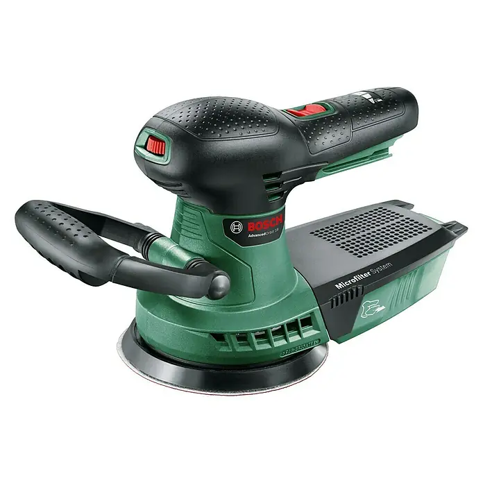 Bosch Power for All 18V Akku-Exzenterschleifer AdvancedOrbit 18 - 18 V, Li-Ionen, Ohne Akku, Durchmesser Schleifteller: 125 mm, Leerlaufdrehzahl: 3.000 U/min - 12.000 U/min - Der Bosch AdvancedOrbit 18 Akku-Exzenterschleifer mit ergonomischem Griff und Staubabsaugung sorgt für staubfreies Schleifen.